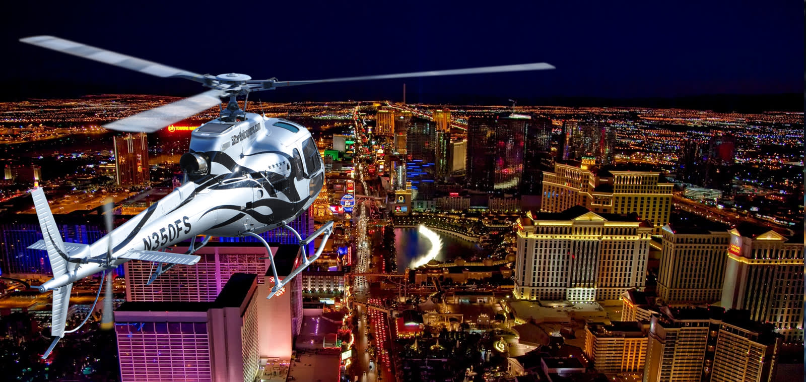 elebrate your stay with a private Las Vegas helicopter strip flight including Cadillac Escalade hotel transfers over the stunning Las Vegas City lights!
